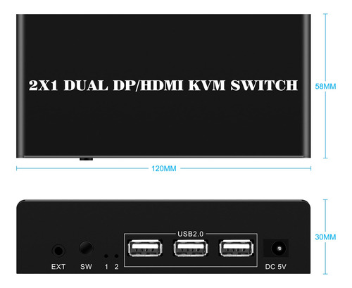 Wiistar - Conmutador Kvm Hdmi Dp 2 Monitores 2 Computadoras