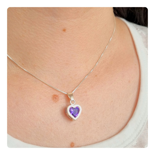 Cadena Con Dije Corazón Cubic 8mm Violeta Pasante Plata 9 