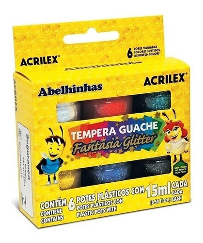 Tinta Tempera Guache Fantasia Glitter Acrilex 6 Cores