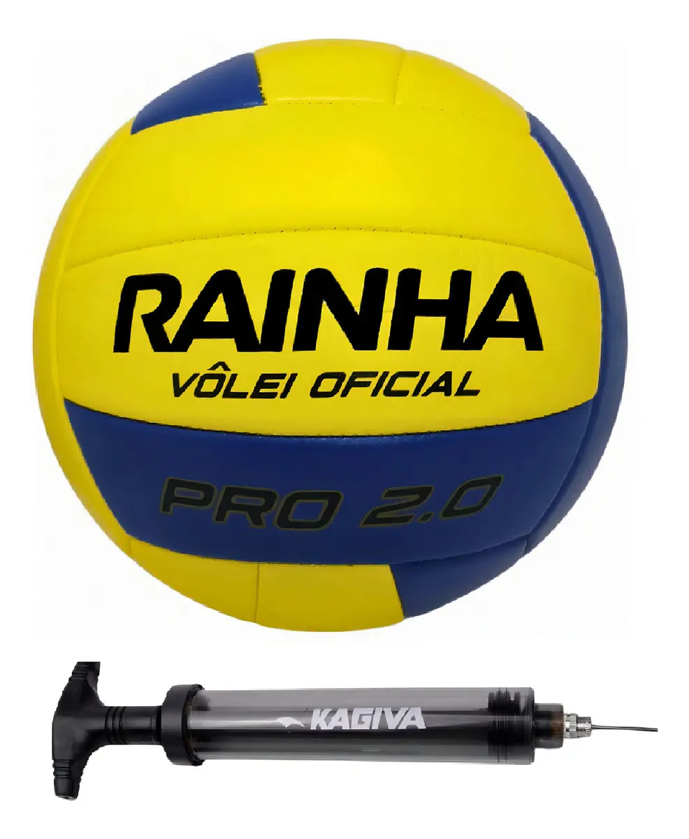 Bola Rainha Volei Pró 2.0 + Bomba De Ar Kagiva Dupla Ação Cor Amarelo/azul