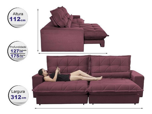 Sofa Retrátil Reclinável Pocket Cama Inbox Soft 3,12 Vinho