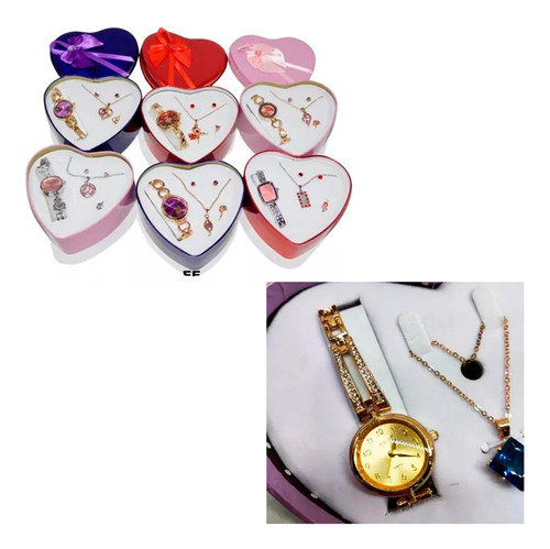 Cofre Regalo Corazón Cadena Reloj Cadena Aretes Mujer 