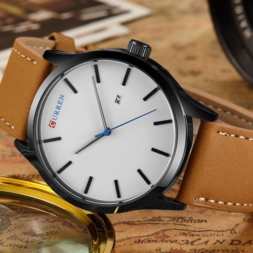 Relogio Curren 8214 Pulseira Couro Masculino Branco Luxo