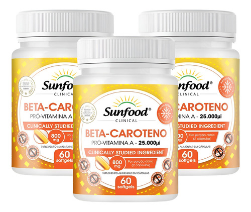 Kit 3 - Beta Caroteno - 60 Capsulas - Sunfood Eua Sabor Sem