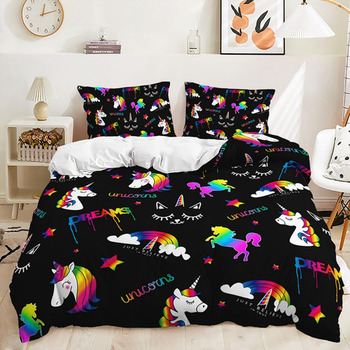 Funda Nórdica De Unicornio Negro, Juego De Cama Completo Y C