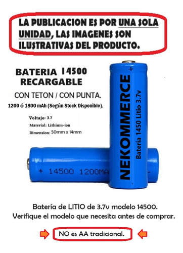 Bateria 14500 3.7v Recargable - Pila Cilindrica Con Teton