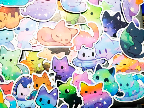 Set De 50 Stickers/calcomanías De Gatos Espaciales