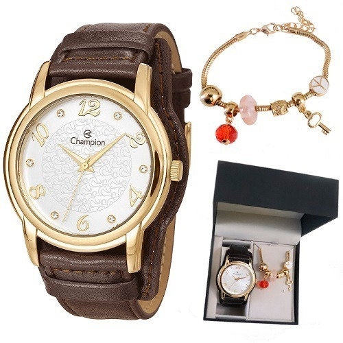 Relógio Champion Feminino Cn20355w + Colar E Brincos
