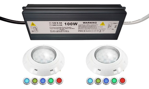 2 Focos Led Piscina 24w Rgb + Fuente 100 W