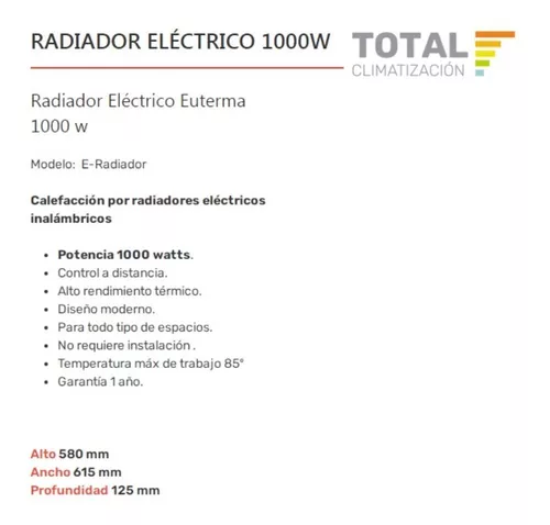 RADIADOR EUTERMA ELECTRICO 1000W CON TERMOSTATO INALAMBRICO 7
