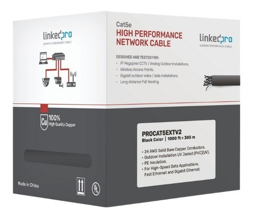 Bobina Cable 305 M Cat5e Ftp Blindado Para Intemperie Negro