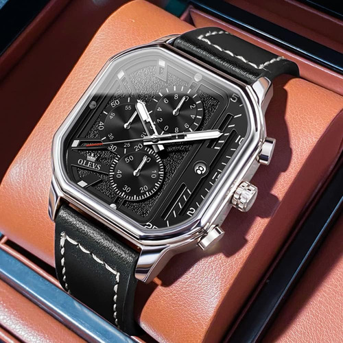 Olevs Relojes Cuadrados Para Hombres Cronógrafo De Cuero Mod