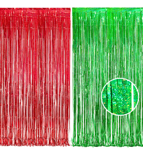 Cortina Rojo Verde De Flecos De Aluminio 2 Pzs 2.5x1 Metros