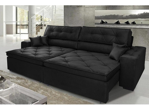 Sofá Austin 2,62m Retrátil, Reclinável com Molas no Assento e Almofadas, Suede Preto Cama inBox