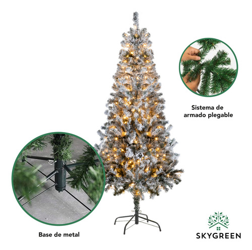 Árbol De Navidad Nevado Artificial 2.10 M Verde Con 300 Luces Led 850 Ramas Soporte De Metal Skygreen