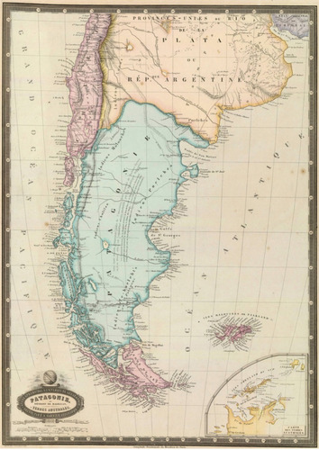 Mapa Antiguo Papel Foto  Patagonia 1860 - 85 X 120 Cm
