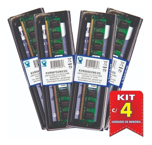 Imagem 1 de 8 de Kit Com 4 Memória Ram2gb 667mhz Ddr2 Kingston Kvr667d2n5/2g