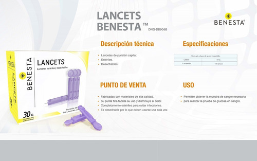 Imagen 5 de 5 de 100 Lancetas Universales Glucosa Estériles Benesta 30g