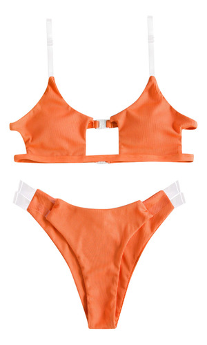 Conjunto De Bikini Acanalado Con Tirantes Transparentes Para
