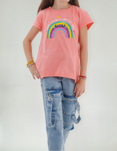 Remera Niña Despertando Estampada Arcoíris Algodón Rojo Arcoíris 14 Lisa