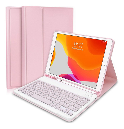 Funda Con Teclado Inalámbrico Para iPad 7 8 Y 9 De 10.2 Rosa