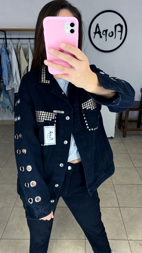 Campera De Jean Con Tachas Y Ojales Larga Oversize Custom