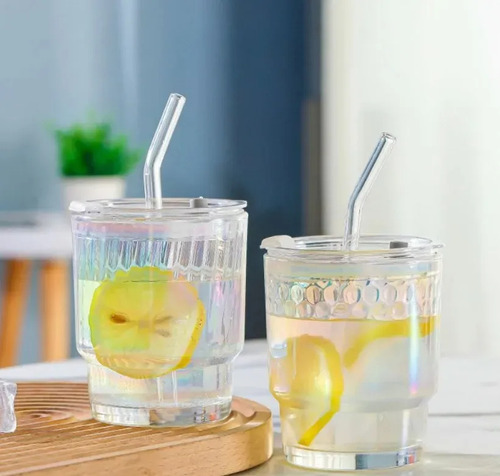 Vaso De Vidrio Con Tapa Y Sorbete De Vidrio Tornasolado Tornasol