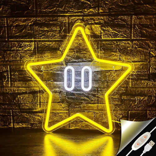 Star Neon Sign, Gaming Neon Sign For Mario Game Room Decor