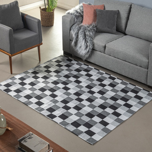 Tapete Jacquard Sala Quarto Escritório Antiderrapante 1,50m Comprimento 1.5 M Cor Tabuleiro Preto E Branco Desenho Do Tecido Geométrico Largura 1.45 M