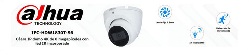 Câmera IP Dome Dahua IPC-Hdw1830t-S6 4K PoE Áudio Metálico Branco