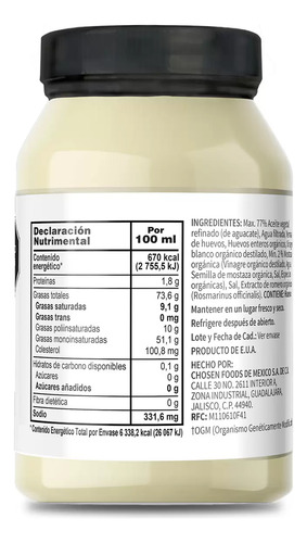 Mayonesa Hecha Con Aceite De Aguacate Chosen Foods 946 Ml