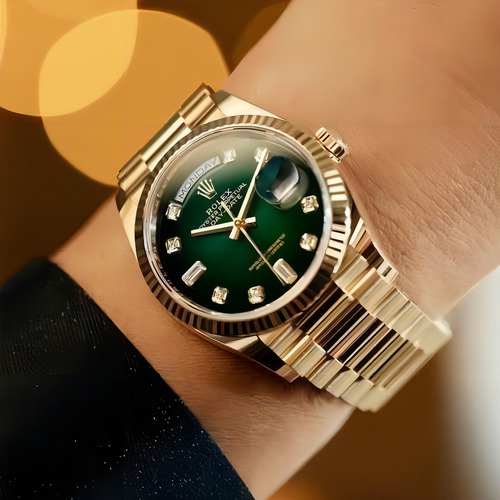 Relógio Rolex Daydate 36mm Verde Safira Perfeito Cx Simples Correia Dourado Bisel Dourado