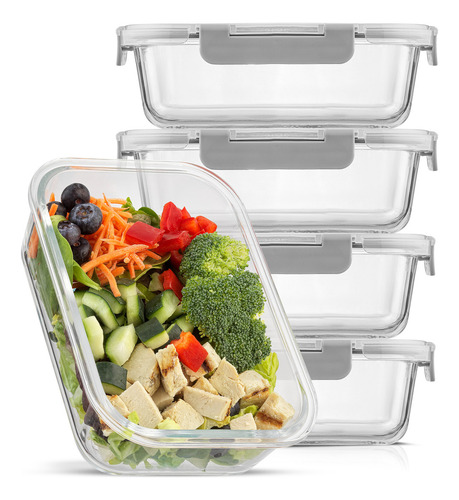 JoyJolt Recipientes de vidrio para almacenamiento de alimentos con tapas. Paquete de 5 recipientes de vidrio reutilizables de 35 onzas con un solo compartimiento hermético. Contenedores de almuerzo