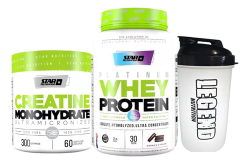 Star Nutrition Platinum Whey Protein Sabor Cookies And Cream 907g Creatina Pura 300g Vaso Legend 600ml