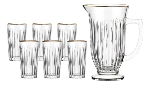 Kit Jarra 6 Copos De Vidro Com Borda Dourada Lila hauskraft Transparente