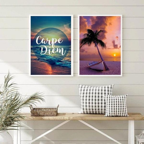 Quadros Praia Por Do Sol Carpe Diem 33x24cm - Madeira Preta