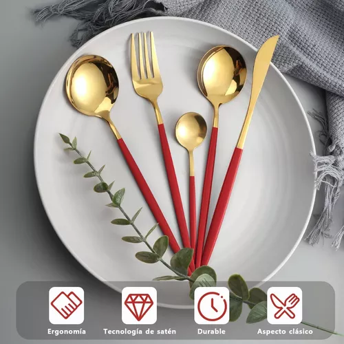 Juego de Cubiertos de 24 Piezas, Juego de Cubiertos de Acero Inoxidable  para 6, Incluye Cuchillo, Tenedor, Cuchara y Cucharilla de Acero, Pulido a  Espejo Dorado Adecuado para Hogar,Fiestas(Oro rojo) : .com.mx