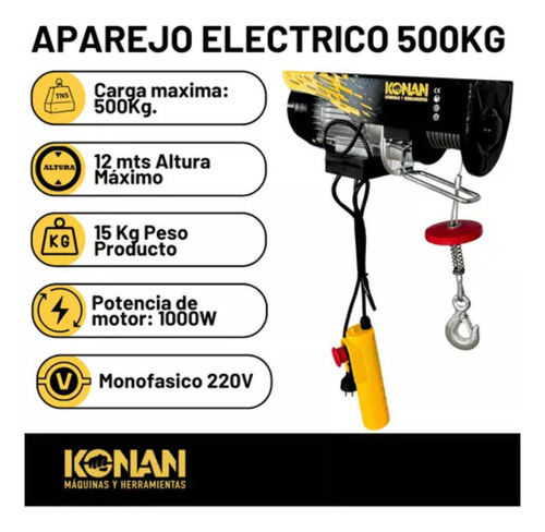 Aparejo Electrico Konan 500kg 12 Mts Elevacion Maxima 1000w