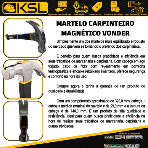 Martelo Marceneiro 29mm Magnético Emborrachado Com Cinto Vd
