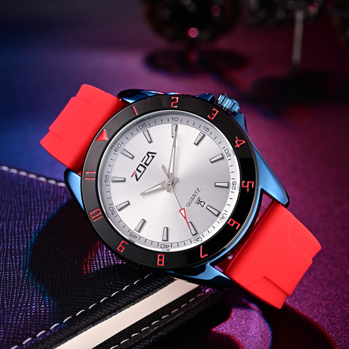 Reloj Zoea Ez8060-l Hombre Cuarzo Silicona 30m Prueba Agua Correa Rojo Bisel Azul Marino