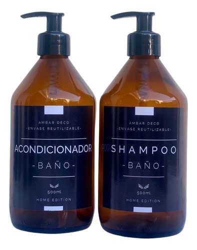 Set De Baño Envase Vidrio Ámbar Shampoo + Acondicionador