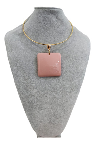 Colar Luxo Feminino Choker Dourado Quadrado Resina Novidade Cor Noronha Rosa