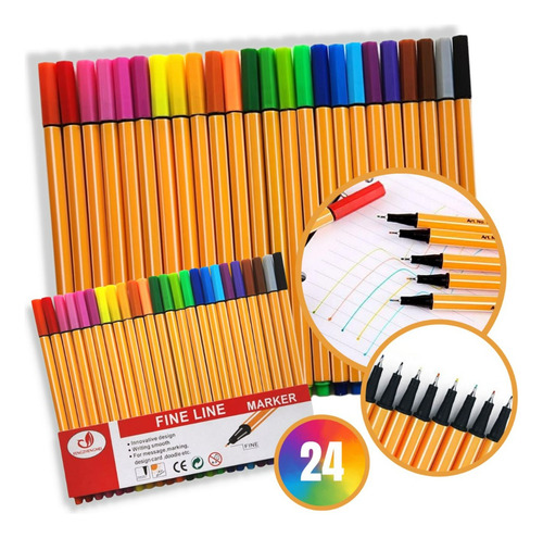 Kit Caneta Fine Line Cores Ponta Fina 0.4mm Tinta Kit 24 Cores