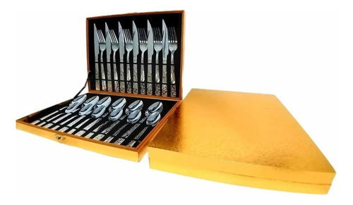 Kit de cubiertos tipo maletín dorado de acero inoxidable, 24 piezas, con hermoso color dorado