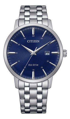 Reloj Citizen Bm746185l Para Hombre Triple Manecilla Fecha Malla Plateado Bisel Plateado Fondo Azul