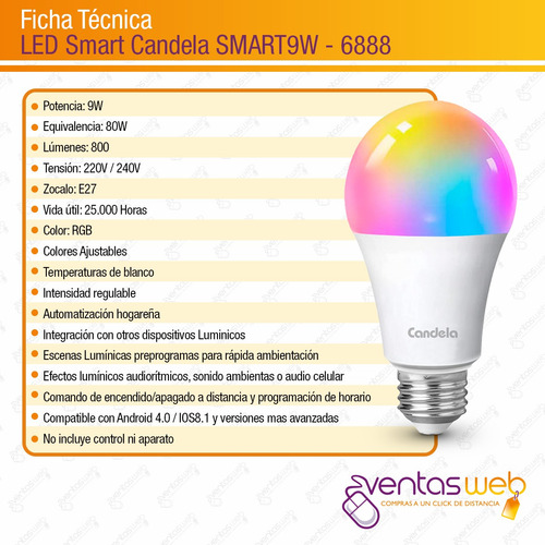 Imagen 8 de 9 de Pack X 10 Lampara Led Smart Wifi Bluetooh 9w Rgb E27 App Cel