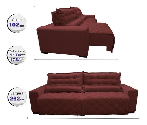 Sofá 2,62m Retrátil E Reclinável Cama Inbox Plus Vermelho