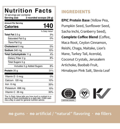 Sprout Living Epic Protein Coffee Mushroom, Vegana 494gr Sabor Café