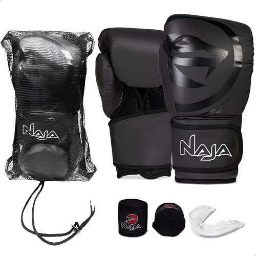 Kit Luva Muay Thai Boxe Naja Black Line Com Bucal E Bandagem Cor Preto Tamanho 14oz