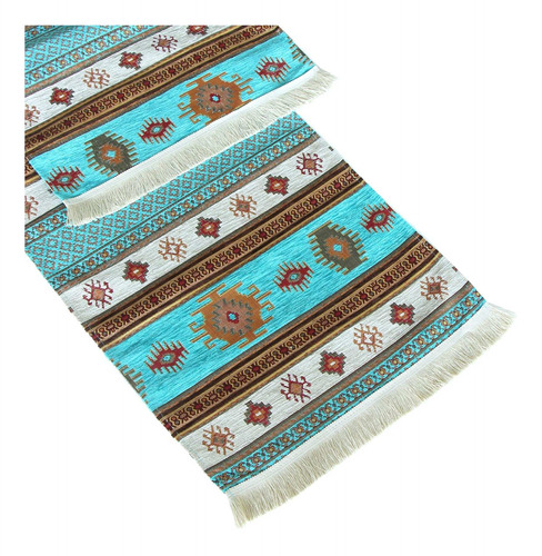 Camino De Mesa 1,40 M Kilim Turquesa Y Blanco